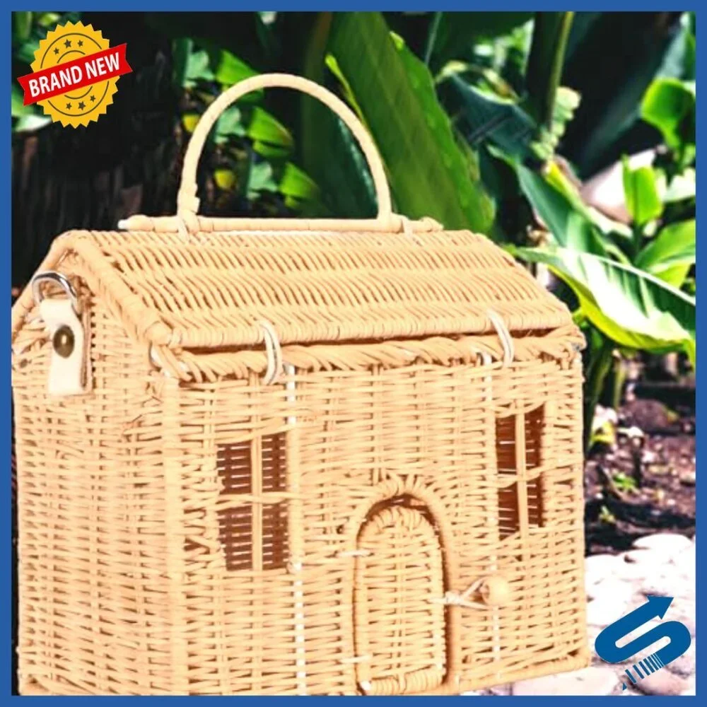 Handwoven Rattan Tote Large Capacity House Shape Beach Bag Boho Chic